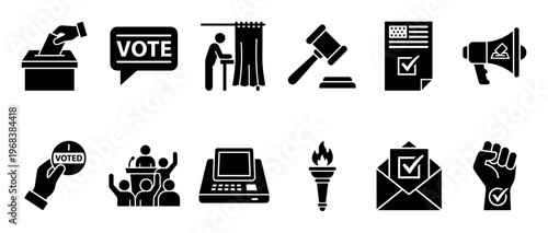 Set of black solid glyph icons representing voting, elections, and political processes, featuring a ballot box, voting booth, gavel, and campaign symbols in a minimalist vector style