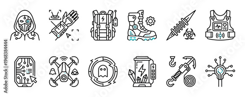 Set of twelve futuristic cyberpunk line icons depicting a cyborg character, robotic limbs, a drone, and various post-apocalyptic survival equipment and technology