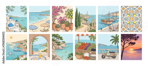 Collection of twelve hand-drawn illustrations depicting idyllic Mediterranean summer vacation scenes with coastal towns, beaches, boats, food markets, and beautiful seaside landscapes