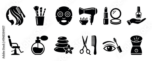 Set of black beauty and spa icons representing hairdressing, makeup, and skincare services, including a hairdryer, lipstick, scissors, facial mask, and salon chair