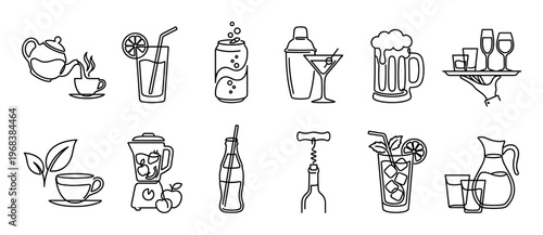 Collection of minimalist beverage and drink icons drawn in a simple black outline style, featuring tea, coffee, cocktails, beer, wine, and juice for cafe or bar menu design