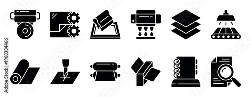 Set of black solid glyph icons representing various printing industry processes and equipment like inkjet printing, paper rolling, cutting, binding, and quality control symbols