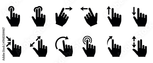 Black silhouette touch screen hand gesture icons showing various commands like tap, swipe, pinch, and rotate for user interface design, presented as a complete set of pictograms