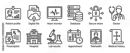 Collection of black outline medical icons for digital healthcare, featuring symbols for a doctor, hospital, telehealth, patient profile, and prescription
