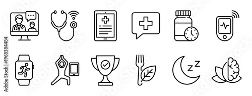 Set of thin line art icons representing digital health, telemedicine, and a healthy lifestyle, including symbols for online consultation, fitness, medication, and mental wellness