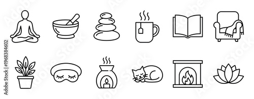 Set of black line art icons representing relaxation, comfort, and self-care, featuring yoga, a book, tea, a fireplace, and other cozy elements for a hygge lifestyle theme
