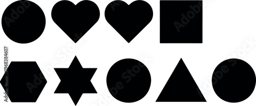 Black geometric shapes silhouette set with circle heart square rectangle hexagon star triangle and oval icons collection vector