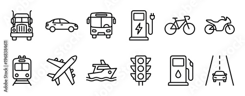 Set of thin line transportation icons showing various vehicles for travel and logistics like a truck, car, bus, plane, and ship in a minimalist black outline vector style