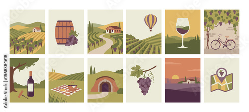 Beautiful collection of twelve wine-related posters depicting idyllic vineyard scenes, grape harvesting, wine tasting, and rural tourism in a minimalist flat art style