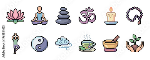 Pixel art yoga and meditation icons set featuring a lotus flower, om symbol, yin-yang, and stacked stones in a charming 8-bit retro style for spiritual wellness concepts