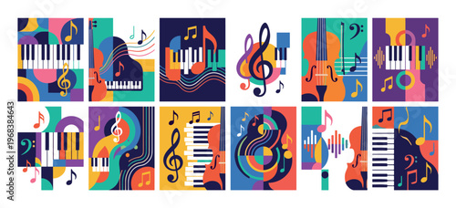Vibrant set of twelve musical illustrations with abstract geometric shapes, featuring piano keyboards, violins, treble clefs, and colorful notes in a modern flat vector style