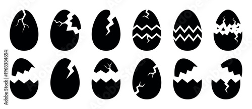 Collection of black cracked egg silhouettes showing various stages of hatching from a whole egg to a broken shell in a simple graphic icon set for birth or new life concepts