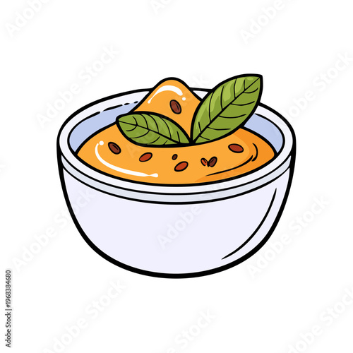 Healthy chickpea dip in a white bowl garnished with fresh mint leaves and seeds