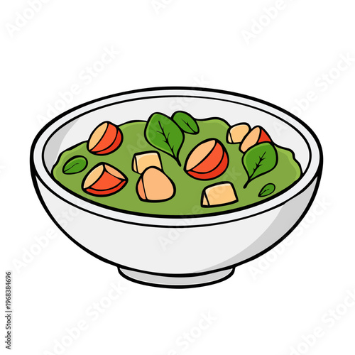 Whimsical cartoon illustration of a delicious green soup with vegetables and croutons in a white bowl