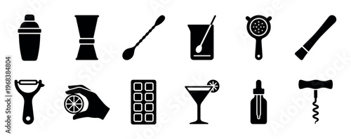 Set of black bartender tool icons for cocktail making including a shaker, jigger, spoon, and strainer in a minimalist graphic style collection for mixology and bar concepts