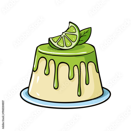 Hand-drawn illustration of a delicious lime panna cotta dessert with green glaze and fresh mint leaves.