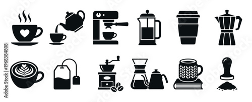 Set of black coffee and tea icons showing brewing methods and equipment like an espresso machine, moka pot, french press, and pour-over maker in a minimalist silhouette style