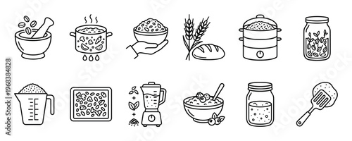 Collection of food and cooking icons featuring grains, bread, porridge, a blender, and kitchen utensils in a minimalist black and white line art pictogram style for culinary concepts