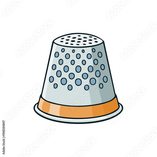 Silver sewing thimble with blue polka dots and orange band vector illustration