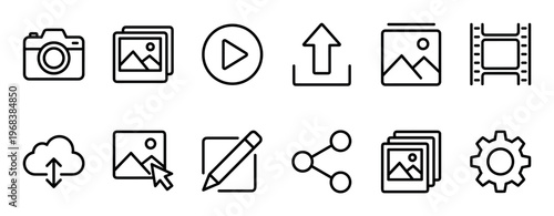 Set of black line icons for media and content creation, including symbols for camera, video, upload, share, and settings for a clean user interface design on a website or app