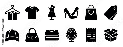 Collection of black fashion and shopping glyph icons showing clothing, accessories, and retail symbols like a shirt, dress, shoes, bag, tag, cap, purse, receipt, and box