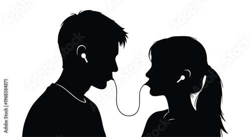 silhouette of couple sharing earbuds in sync