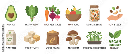 Collection of vegan food group icons showing healthy plant-based diet staples like vegetables, fruits, grains, nuts, and tofu in a flat vector illustration style for nutritional concepts