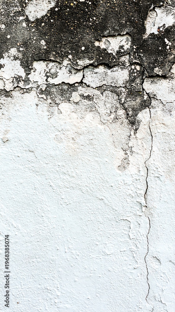Fototapeta premium Close-up view of weathered, textured wall. Shows fading white paint, dark upper section, and a vertical crack. Surface is rough, with various tonal variations