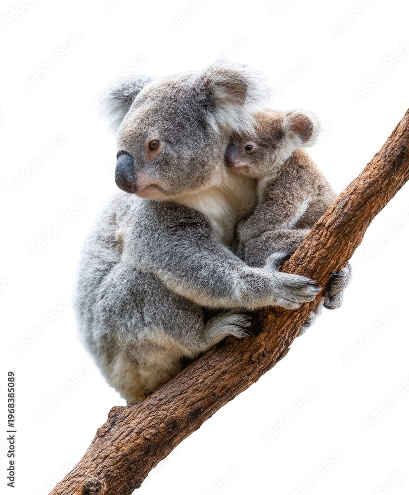 Fototapeta premium Koala bear and baby on branch against white background