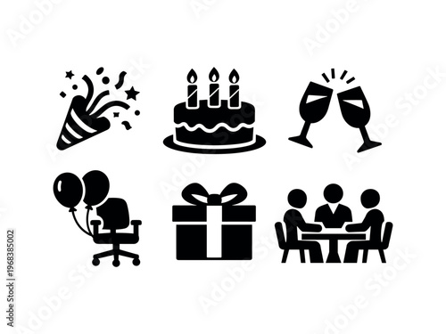 Office party icon set. party popper, birthday cake, clinking glasses, balloons on chair, gift box, group celebration at table, workplace festivities. line and flat vector illustration.