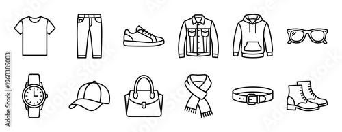 Set of clothing and accessory line icons in a minimalist outline style, featuring a t-shirt, jeans, jacket, hoodie, shoes, and other essential wardrobe items for everyday wear