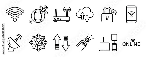 Set of black line icons representing internet connectivity, wireless technology, and data transfer concepts like wifi, router, cloud computing, security, and global networks