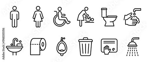 Comprehensive set of public restroom and hygiene icons, featuring essential symbols for gender, accessibility, baby care, sanitation, and personal cleanliness, all depicted in a clean