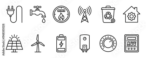 Set of utility and energy line icons representing electricity, water, gas, renewables, and smart home services in a clean, minimalist outline style for infographics