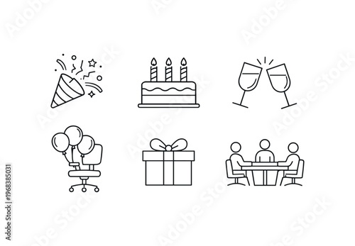 Office party icon set. celebration, birthday cake, clinking glasses, balloons on chair, gift box, team meeting, coworkers, anniversary, congratulations. line and flat vector illustration.