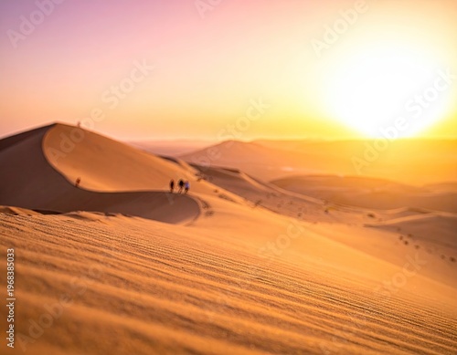 Sunset Over Expansive Desert Sand Dunes with Travelers.