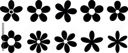 Black flower silhouette vector collection with simple flat blossom shapes rounded and pointed petals minimal floral clipart set