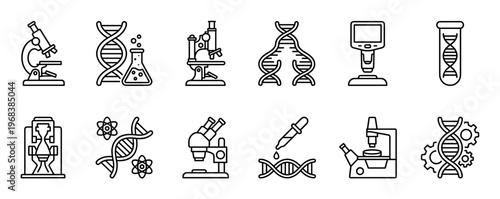 Set of black line icons representing science, genetics, and laboratory research with symbols like microscopes, DNA helixes, flasks, and test tubes in a minimalist outline style