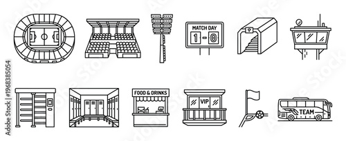 Set of black line art stadium icons featuring a football pitch, grandstand, scoreboard, team bus, and locker room for sports and championship event concepts