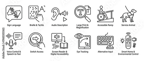 Set of black line art icons representing accessibility features and assistive technology for people with disabilities, including sign language, braille, screen readers, and service animals