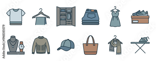 Set of colorful clothing and accessory icons featuring a t-shirt, wardrobe, jeans, dress, sneakers, jewelry, sweater, cap, handbag, scarf, and an iron on a board