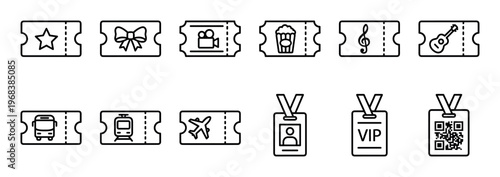 Set of black line art icons representing various tickets, passes, and admission stubs for entertainment, events, and transportation, including VIP badges and QR code access