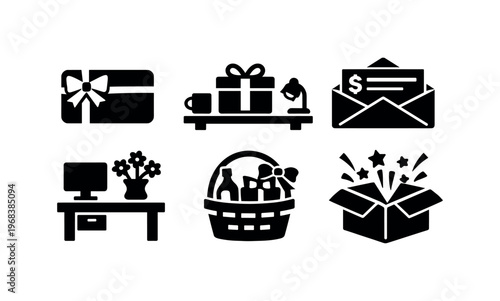Work gift icon set. gift card, desk with presents, bonus envelope, office desk, gift hamper, surprise box, corporate gifting, employee reward, appreciation. line, flat and colored vector icon set.