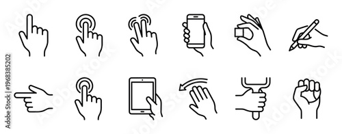 Collection of twelve hand gesture icons in a minimal line art style, depicting actions such as pointing, tapping, swiping, writing, and holding digital devices