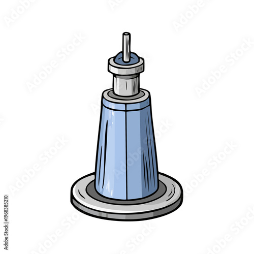 Stylized illustration of a futuristic vertical rocket launchpad with a silver base and blue tower