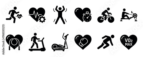 Black fitness and cardio exercise icon set with glyphs representing running, cycling, rowing, boxing, and gym equipment for a healthy lifestyle and training concepts