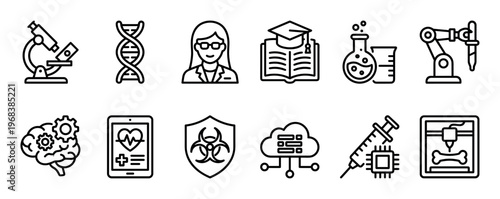 Set of black line icons representing science, medicine, and technology, featuring a microscope, DNA helix, scientist, robotic arm, 3D printer, and symbols for AI and digital health