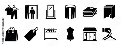 Collection of black glyph icons representing clothing store elements like fitting rooms, hangers, mannequins, and shopping bags in a minimalist flat design style for retail concepts