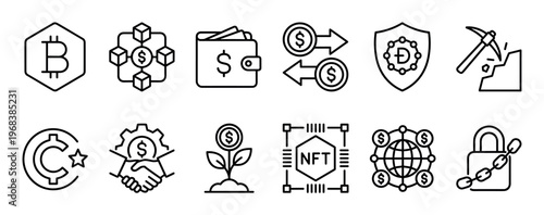 Set of black line icons representing cryptocurrency and blockchain technology concepts like mining, NFT, wallet, transaction, and digital finance, presented in a clean minimalist style