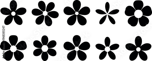 Black flower silhouette vector collection with simple flat blossom shapes rounded and pointed petals minimal floral clipart set